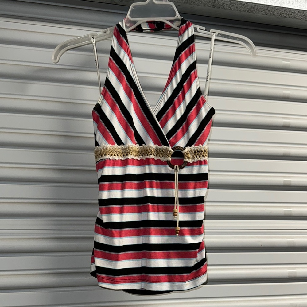 Striped Halter Top - Black, White, Light Red